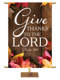 Give Thanks to the Lord Psalm 136:1 Autumn Heartland Design A Left Rustic dark brown vertical wood planks autumn maple leaves, 4 leaves in top left corner