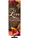 His Love Endures Forever Psalm 136:1 Autumn Heartland Design A Right rustic dark brown vertical wood planks with autumn maple leaves, 4 leaves in top right corner