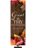 Great is Thy Faithfulness Lamentations 3:23 Autumn Heartland Design A Right rustic dark brown vertical wood planks with autumn maple leaves, 4 leaves in top right corner