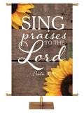 Sing Praises to the Lord Psalm 30:4 Autumn Heartland Design B Left rustic gray horizontal wood planks with sunflower top left and bottom right