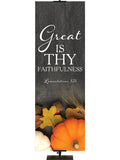 Give Thanks to His Holy Name Psalm 30:4 Autumn Heartland Design C Right rustic gray Design with white Pumpkins and autumn decor on bottom right
