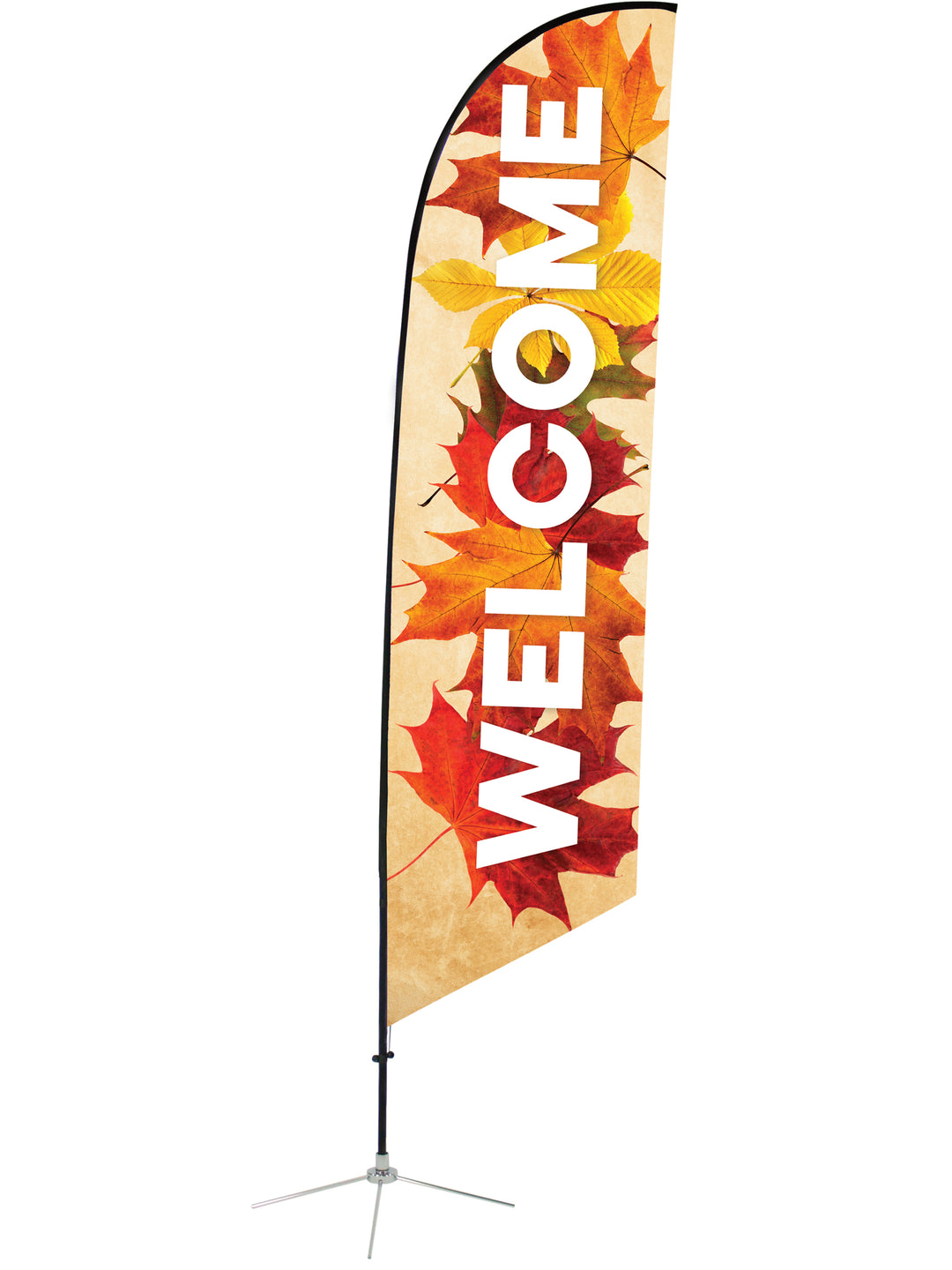 Welcome Angled Feather Flag Fall Design 11. Warm Fall Leaves on Welcome Feather Banner in beige