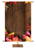 Autumn Heartland Design A Left Rustic dark brown vertical wood planks autumn maple leaves, 4 leaves in top left corner