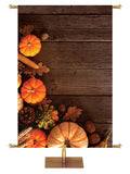 Autumn Heartland Design D Right rustic dark brown horizontal wood planks with multicolor pumpkins and autumn decor on left side