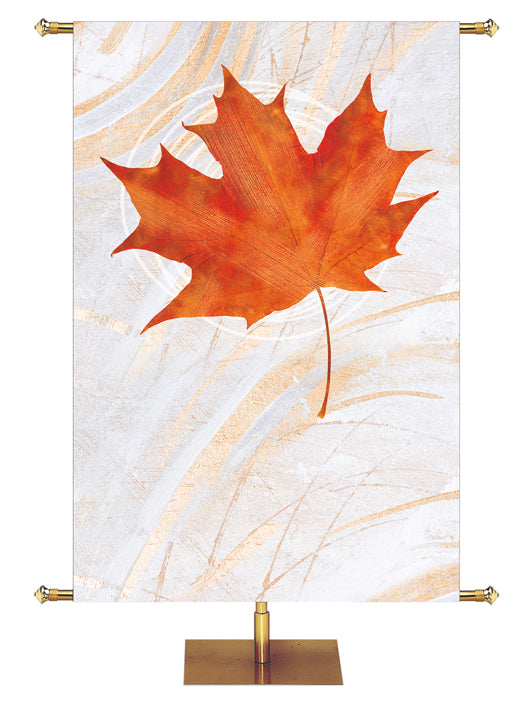Custom Banner Echoes of Autumn with Red Maple Leaf on background of hues of bronze and copper