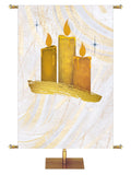 Three Candles in gold on this white with gold accents Christmas Church Banner from Echoes of Christmas Collection