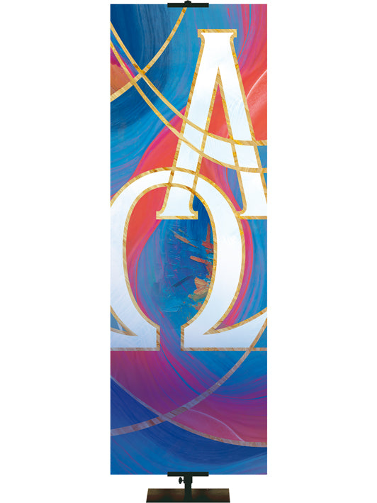 Custom Church Banner background with White Alpha and Omega Symbol in a fresco design with hues of blues and reds, left side format