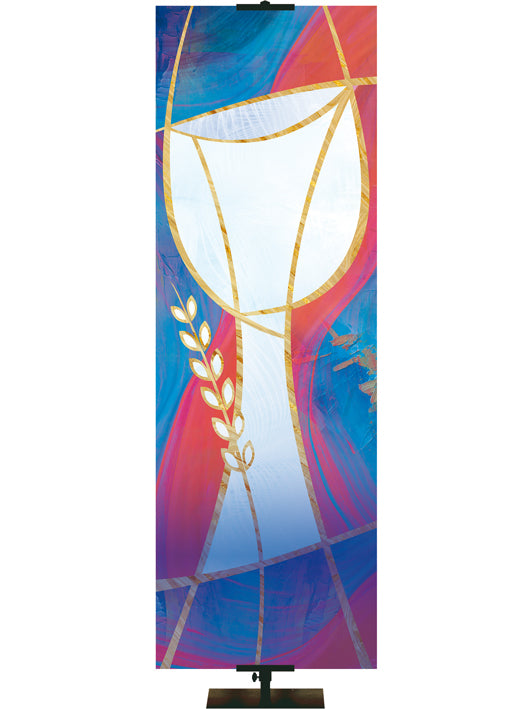 Custom Church Banner background with Communion Symbol in White in a frescoes design with hues of blues and reds, left side format