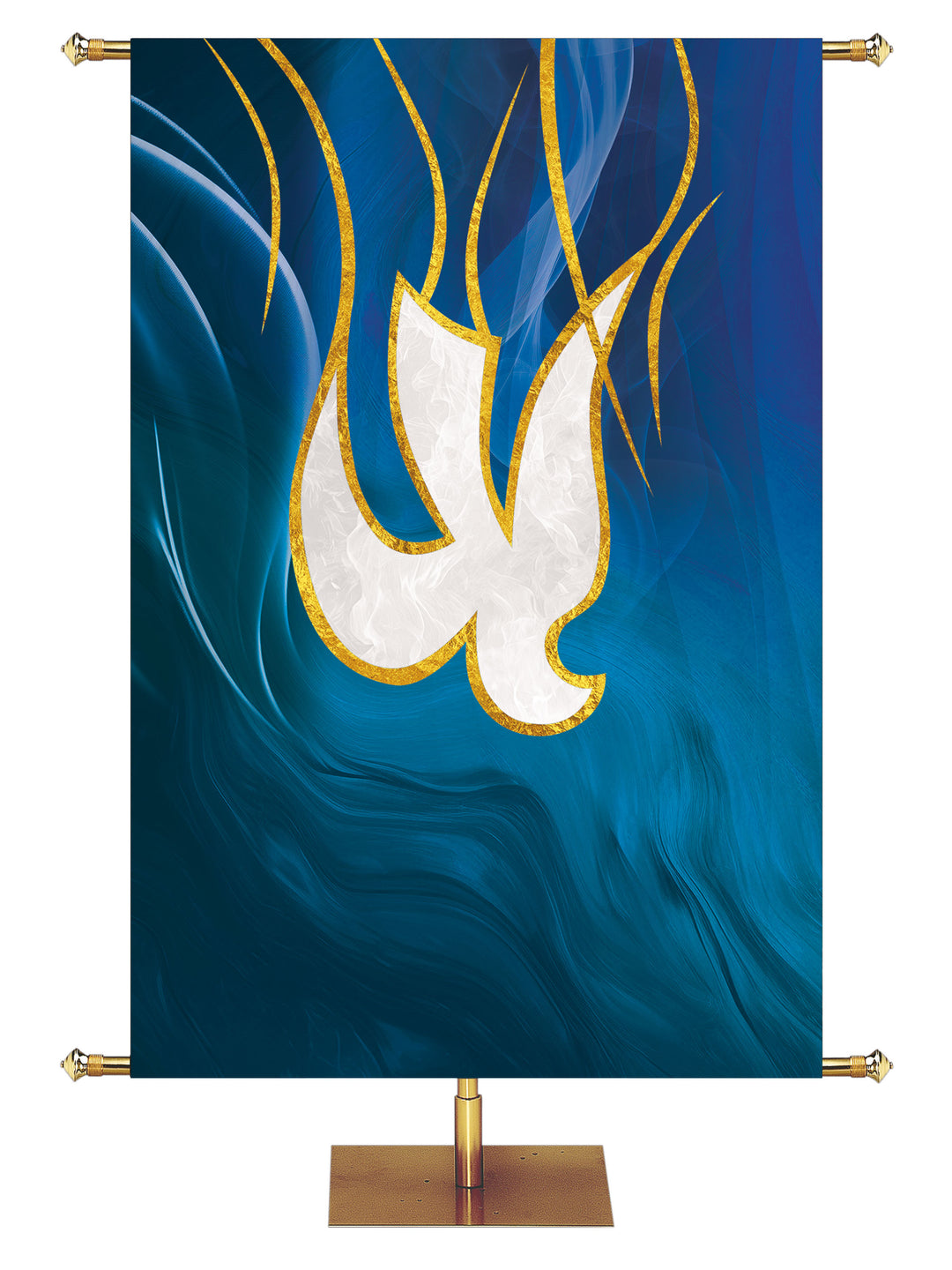 Custom Fabric Banner for Church with White Descending Dove symbol outlined in gold on blue, left facing