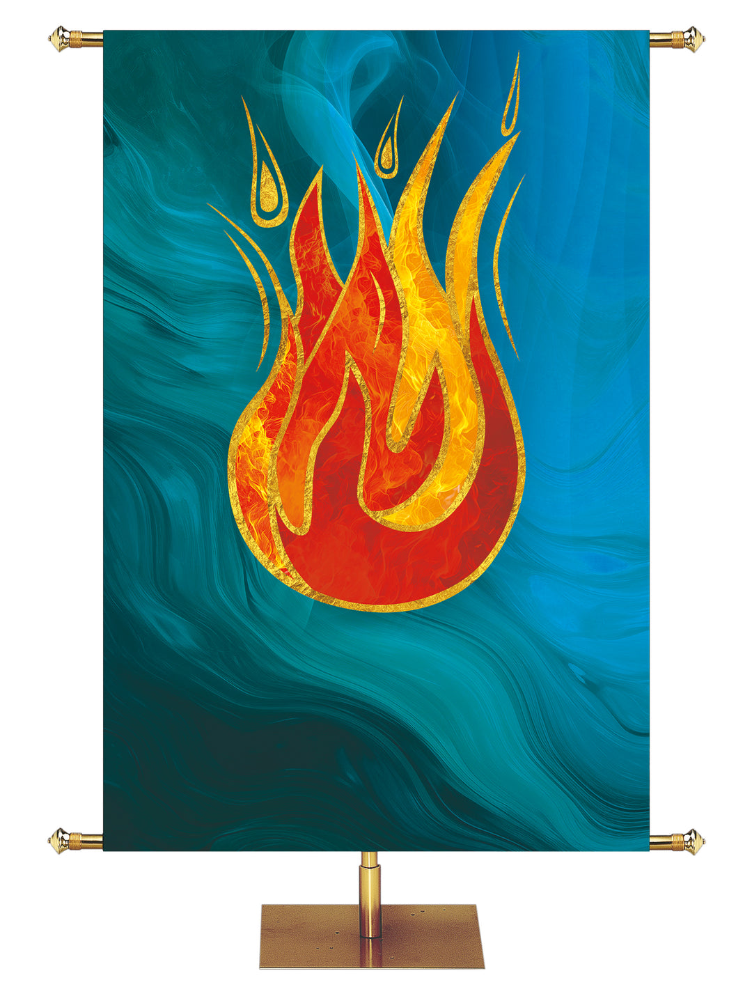 Customizable Church Banner with Flame symbol outlined in gold on blue, left facing