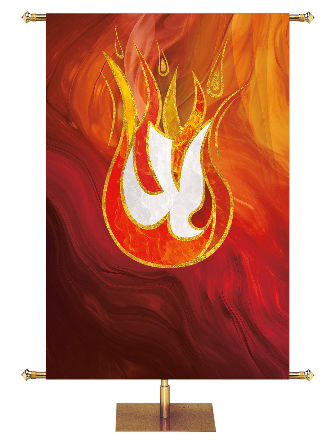 Custom Church Banner with White Descending Dove in flame symbol outlined in gold on red, right facing