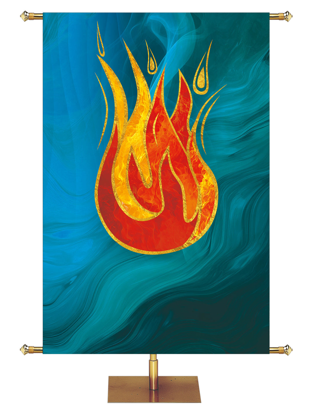 Custom Indoor Church Banner with Flame symbol outlined in gold on blue, right facing