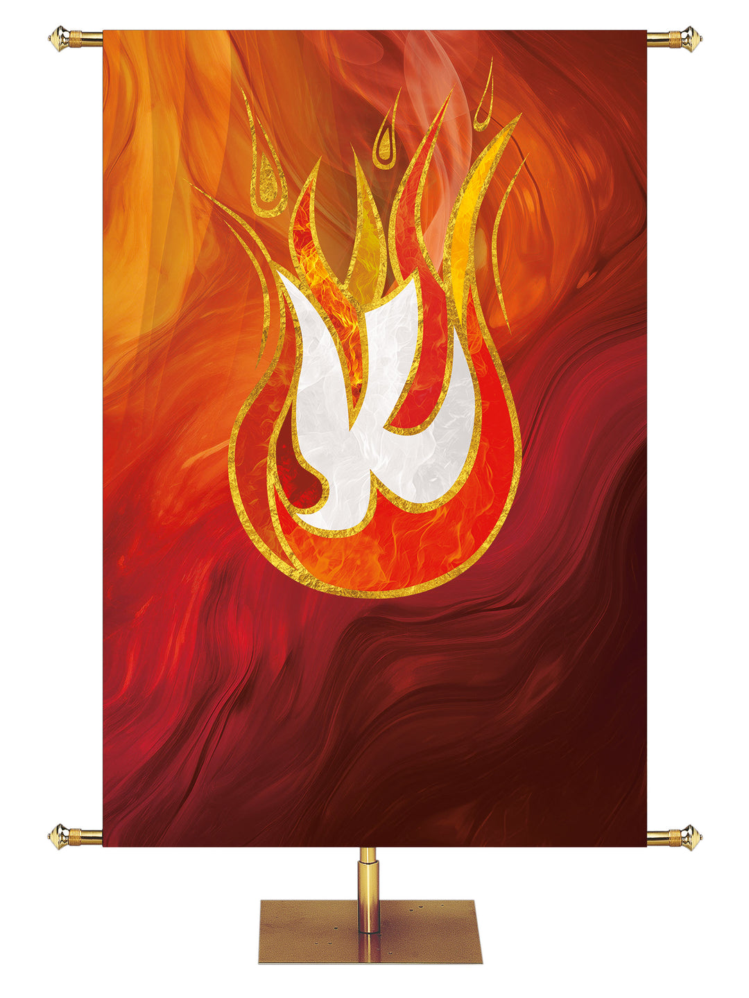 Custom Banner for Church with White Descending Dove in flame symbol outlined in gold on red, left facing