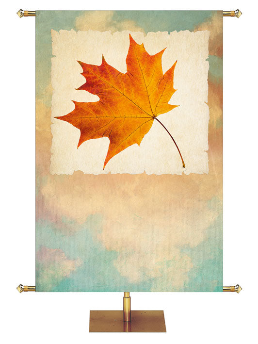 Custom Banner background for Fall and Thanksgiving with Maple leaf on light blue pastel.