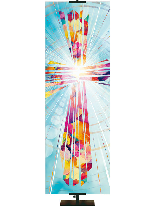 Custom Church Banner Background with  Radiant Cross Design (left format) in Multicolor on Light Blue