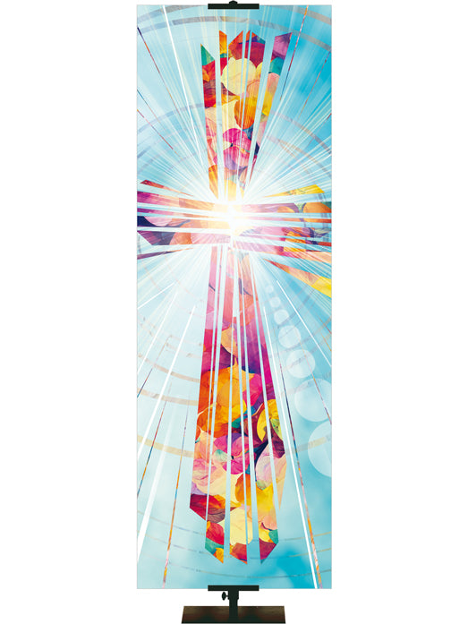 Custom Church Banner Background with Radiant Cross Design (right format) in Multicolor on Light Blue
