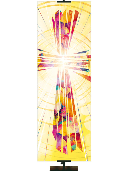 Custom Church Banner Background with Radiant Cross Design (left format) in Multicolor on Yellow
