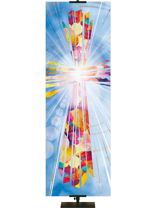 Custom Church Banner Background with  Radiant Cross Design (left format) in Multicolor on Blue