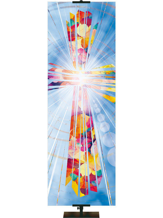 Custom Church Banner Background with Radiant Cross Design (right format) in Multicolor on Blue