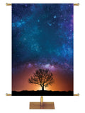 Star-filled sky with silhouette of tree in the distance at sunset