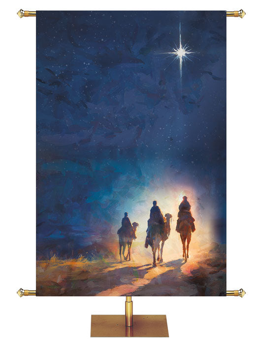 Church Banner for Christmas with Three Wisemen (right) following the New Star on a peaceful night background