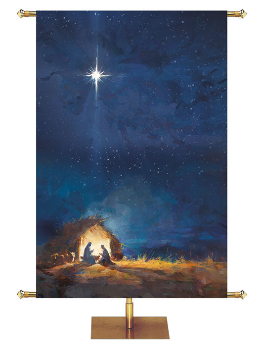 Christmas Church Banner with Manger Scene (left) under the New Star on a deep night sky background.
