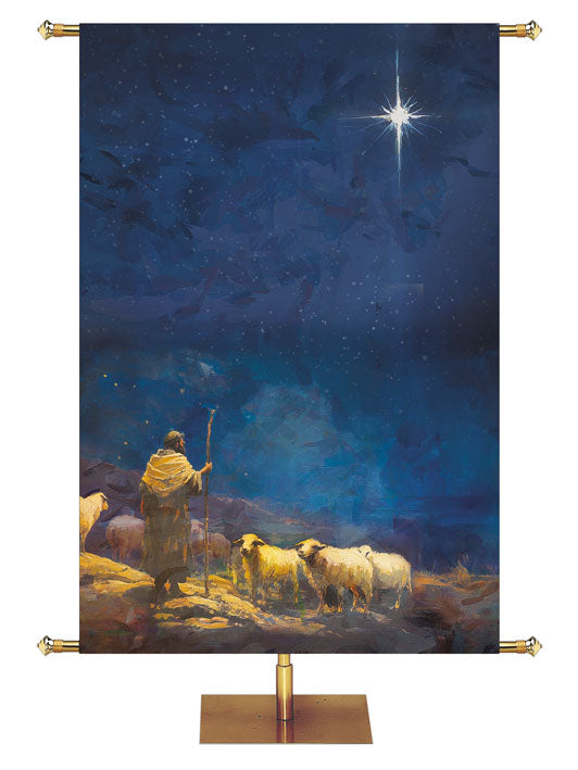 Church Banner for Christmas with the Shepherd and his flock (eft) under the New Star