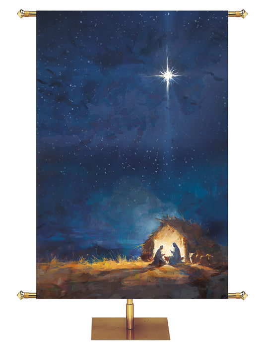 Church Banner for Christmas with the New Star over the Manger (right) on blue.
