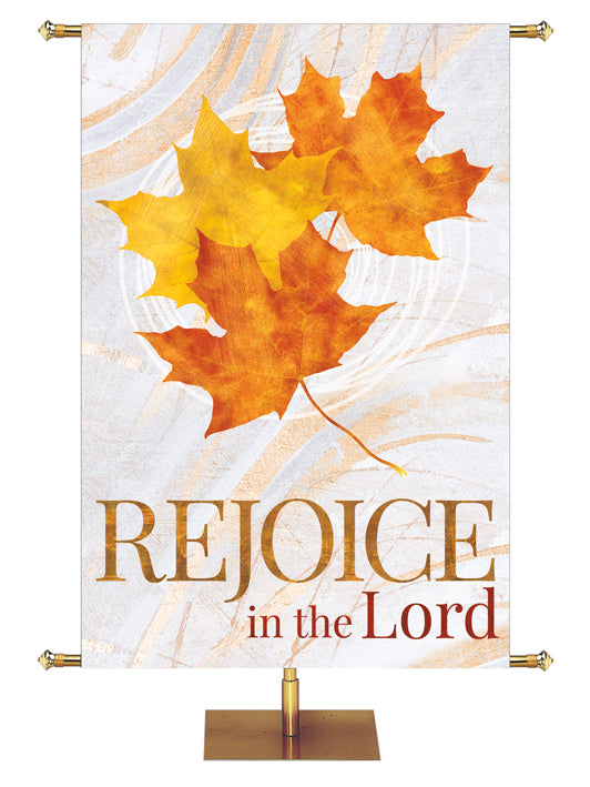 Fall Banner for Church Rejoice In The Lord in Gold with Fall Maple leaves on background with hues of bronze and copper 