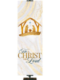 He Is Christ The Lord Banner with Manger Scene in Gold and New Star in Blue (right) in subtle hues of gold, blue and white