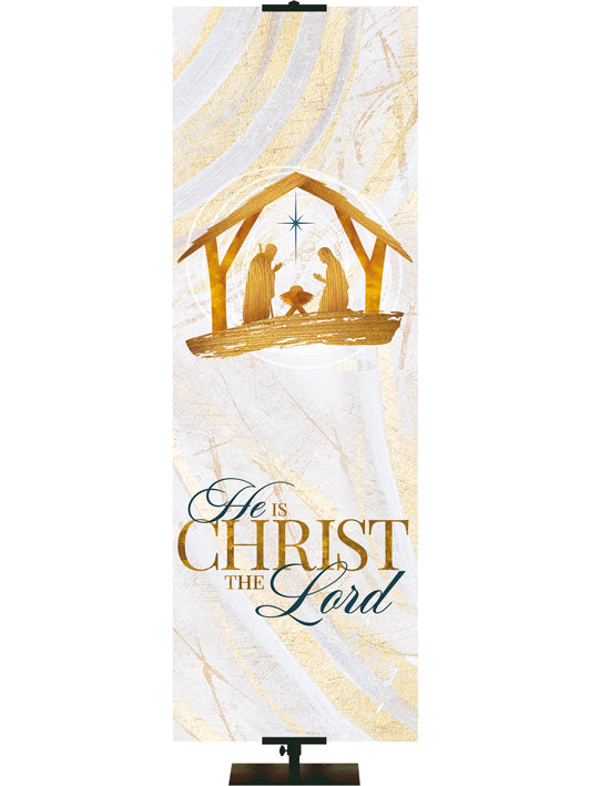 He Is Christ The Lord  Banner with Manger Scene in Gold and New Star in Blue (right) in subtle hues of gold, blue and white