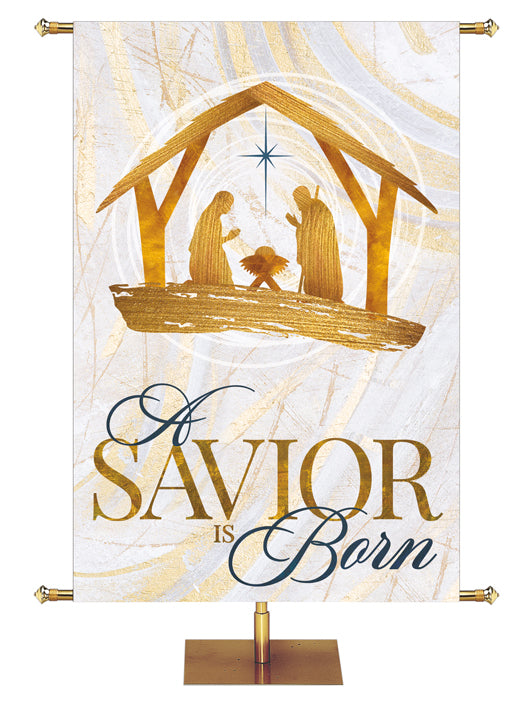 A Savior Is Born Church Banner with Manger Scene in Gold and New Star in Blue (left) on subtle hues of gold, blue and white