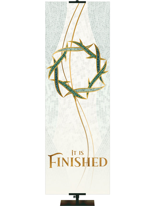 Banner for Church It is Finished with Crown of Thorns Symbol with gold accents in the look of classic Christian Mosaic Art