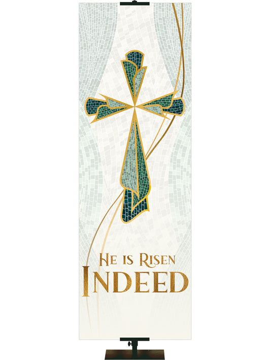 Church Banner Indoor He is Risen Indeed with Cross Symbol with gold accents in the look of classic Christian Mosaic Art