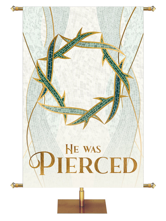 Cloth Church Banner He was Pierced with Crown of Thorns Symbol with gold accents in the look of classic Christian Mosaic Art
