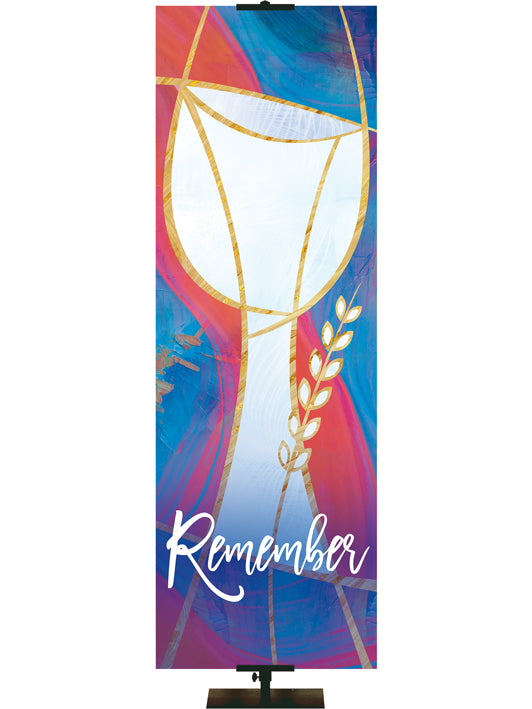 Remember and Communion Symbol Year Round Banner with hues of blues and reds and words and symbols in white right side format