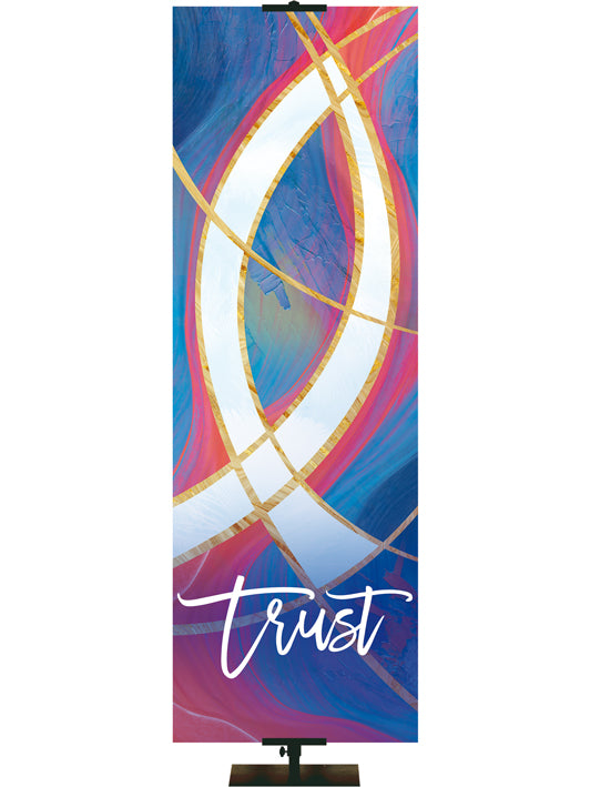 Trust and Fish Symbol Church Banner with White Fish Symbol in a fresco design with hues of blues and reds, left side format.