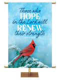 Those w\Who Hope in the Lord will Renew their Strength Isaiah 40:31 Cardinal on snow covered pine branch Joyful Beginnings Church Banner