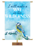 I Will Make a Way in the Wilderness Isaiah 43:19 Small Blue and Yellow bird perched on a snow-covered branch Joyful Beginnings Church Banner