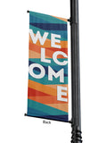 Back view of Light Pole Banner Multicolor Abstract Triangle Welcome