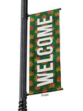 Light Pole Banner Welcome in White with Fall Leaves on Banner of Green, Orange or Red