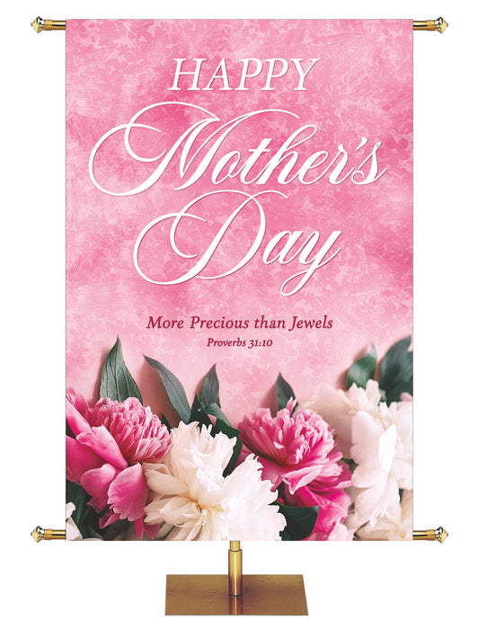 Happy Mother's Day Banner Proverbs 31:10 More Precious Than Jewels on Pink with Peonies