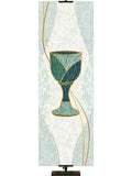 Communion Chalice Symbol with gold accents Mosaics of Faith Design (left) on background of muted shades of Blue 2x6 format