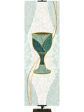 Communion Chalice Symbol with gold accents Mosaics of Faith Design (right) on background of muted shades of Blue 2x6 format