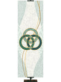 Trinity Symbol with gold accents Mosaics of Faith Design (left) on background of muted shades of Blue 2x6 format