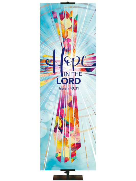Hope In The Lord. Isaiah 40:31. Radiant Cross Design (left format) in Multicolor on Light Blue