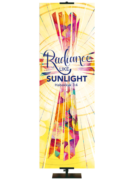 Radiance Like Sunlight. Habakkuk 3:3. Radiant Cross Design (right format) in Multicolor on Yellow