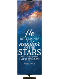 He Determines the Number of The Stars and Calls Them Each By Name Psalm 147:4. Deep blue galaxy and starry night sky backdrop and white and light blue lettering.