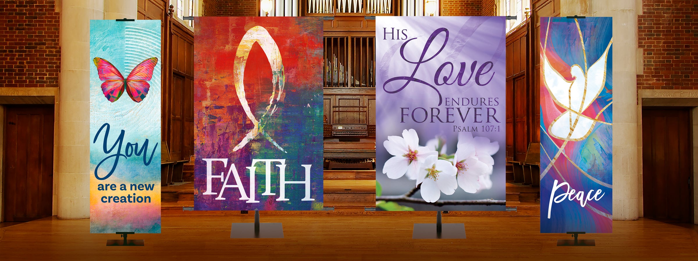 Four banners in church sanctuary in various designs -  New Creation Butterfly, Faith Fish Symbol, His Love Endures on Purple, Peace with white dove