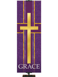 Cross Symbol and Grace Tapestries of Faith Church Banner in liturgical colors of Blue, Green, Purple, Red or White